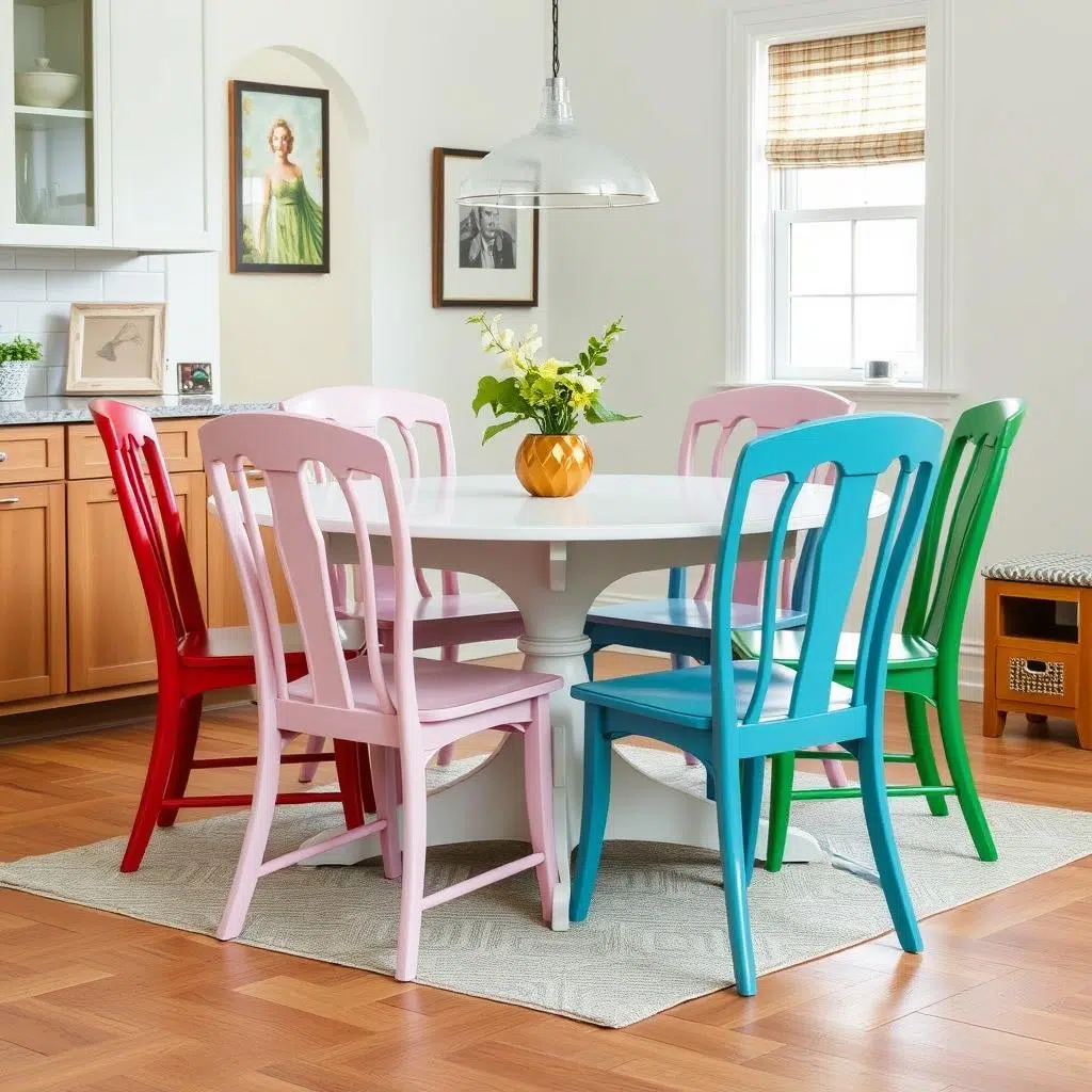 Mix van verschillende gekleurde stoelen aan een eettafel Mix van verschillende gekleurde stoelen aan een eettafel