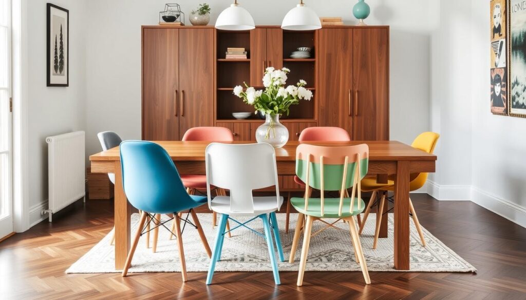 Mix van verschillende stoelen in complementaire kleuren bij een eikenhouten eettafel Mix van verschillende stoelen in complementaire kleuren bij een eikenhouten eettafel