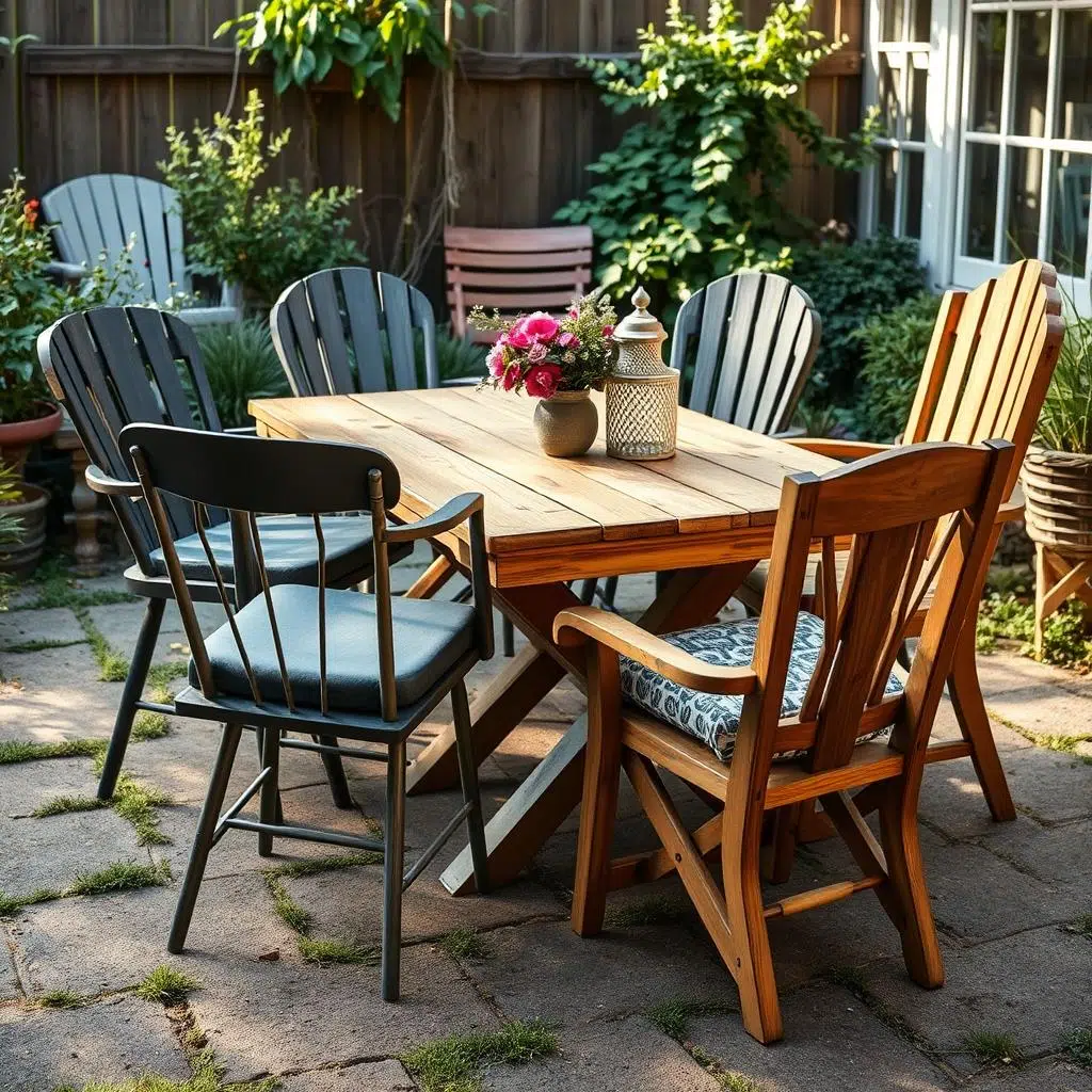 Mix van verschillende tuinstoelen bij vintage houten tafel, tuinstoelen bij houten tafel in eclectische stijl Mix van verschillende tuinstoelen bij vintage houten tafel, tuinstoelen bij houten tafel in eclectische stijl