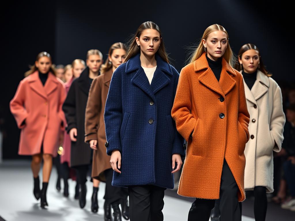 Modellen op de catwalk dragen moderne bouclé jassen in verschillende kleuren Modellen op de catwalk dragen moderne bouclé jassen in verschillende kleuren