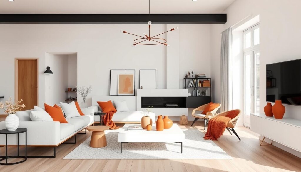 Modern Scandinavisch interieur met een combinatie van wit, zwart en terracotta accenten