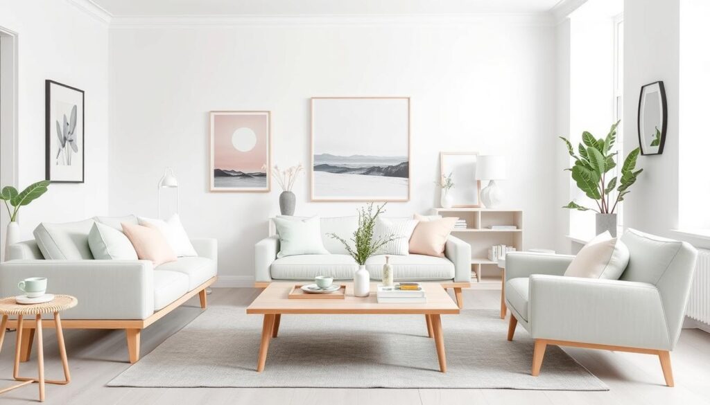 Modern Scandinavisch interieur met zachte pasteltinten zoals poederroze en mintgroen