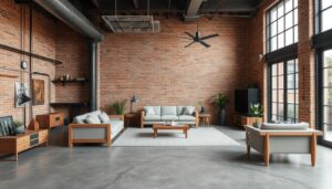 Interieur van een moderne woonkamer met een bakstenen muur en houten meubels.