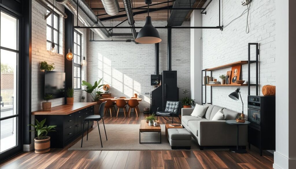 Modern industrieel interieur met slimme technologie geïntegreerd in het ontwerp Modern industrieel interieur met slimme technologie geïntegreerd in het ontwerp