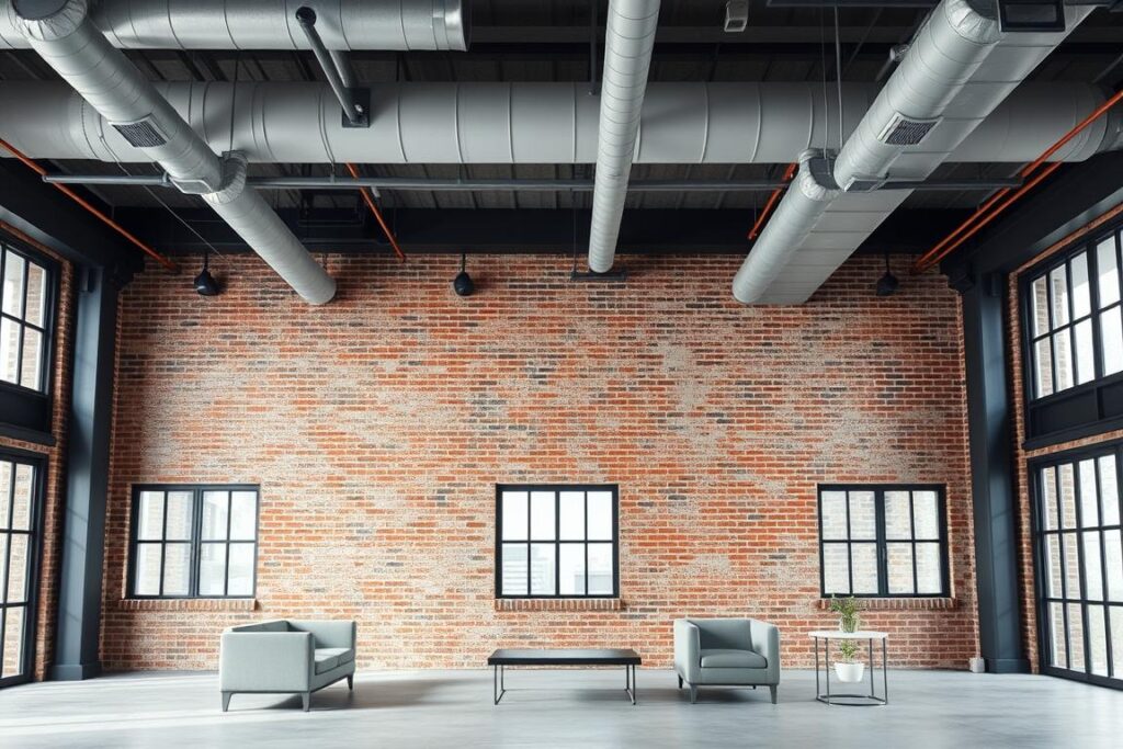 Modern industrieel interieur met zichtbare leidingen, bakstenen muur en betonnen vloer Modern industrieel interieur met zichtbare leidingen, bakstenen muur en betonnen vloer