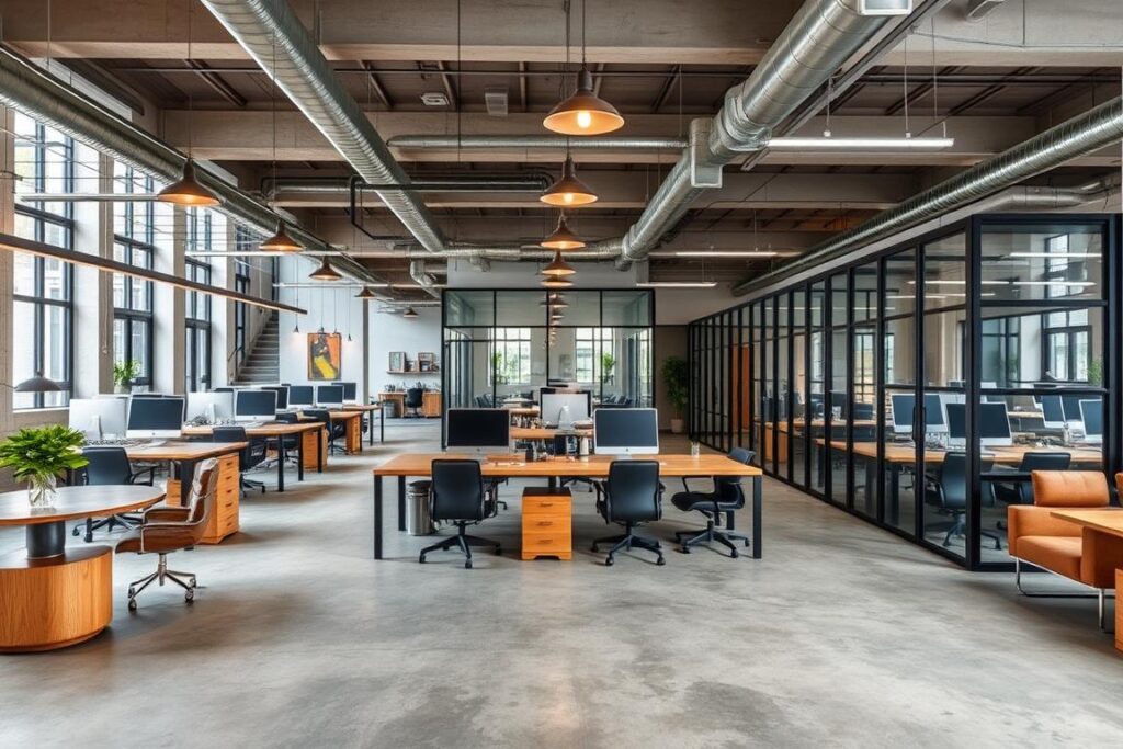 Modern industrieel kantoor met open werkplekken en creatieve vergaderruimtes Modern industrieel kantoor met open werkplekken en creatieve vergaderruimtes