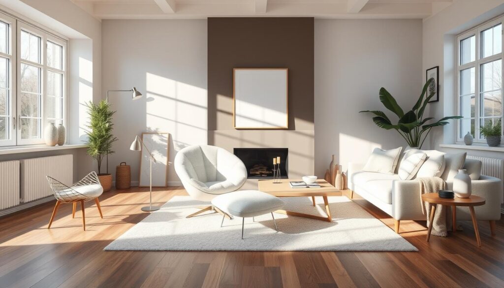 Modern interieur met bouclé fauteuil in een lichte, minimalistische woonkamer Modern interieur met bouclé fauteuil in een lichte, minimalistische woonkamer
