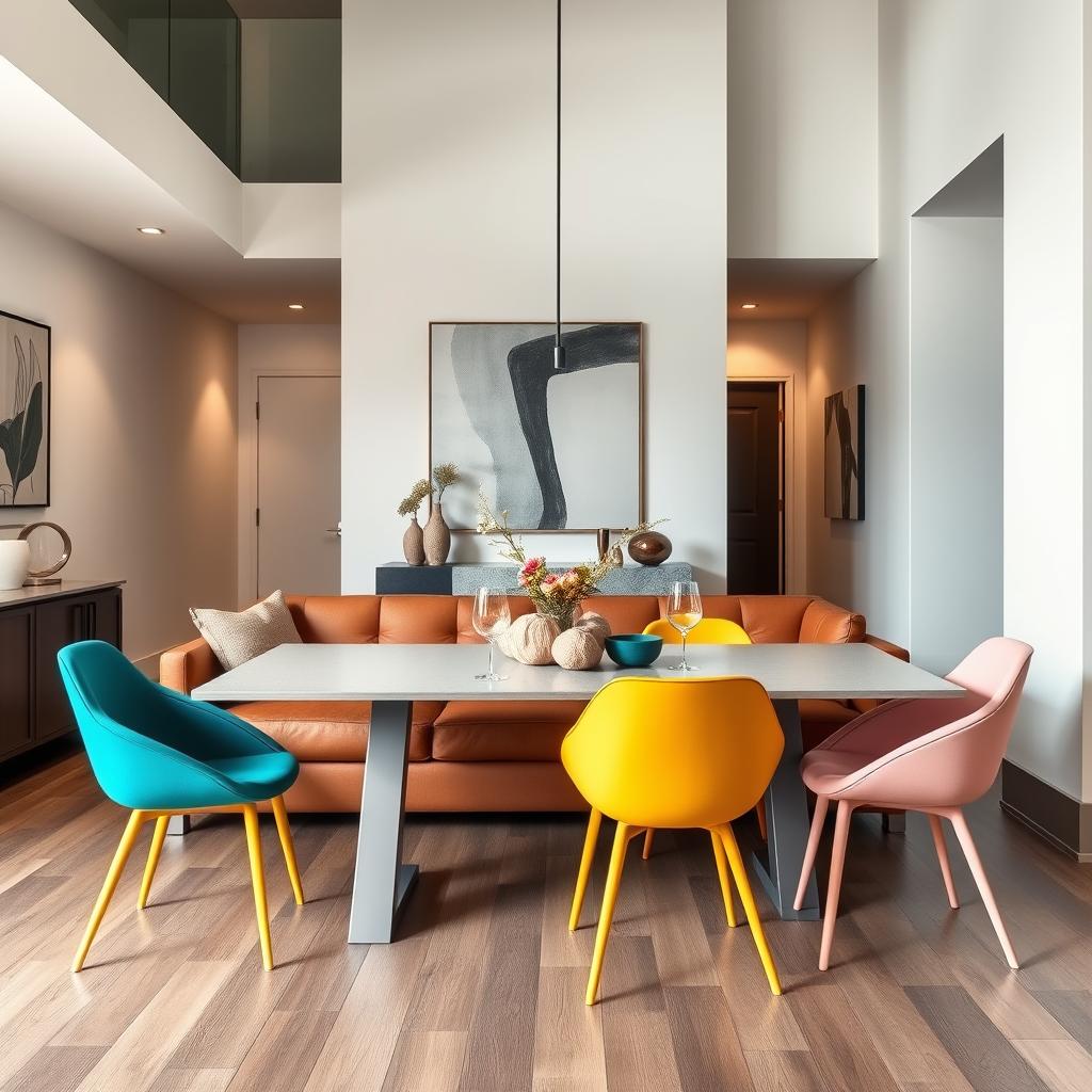 Modern interieur met bruine bank en kleurrijke designerstoelen Modern interieur met bruine bank en kleurrijke designerstoelen