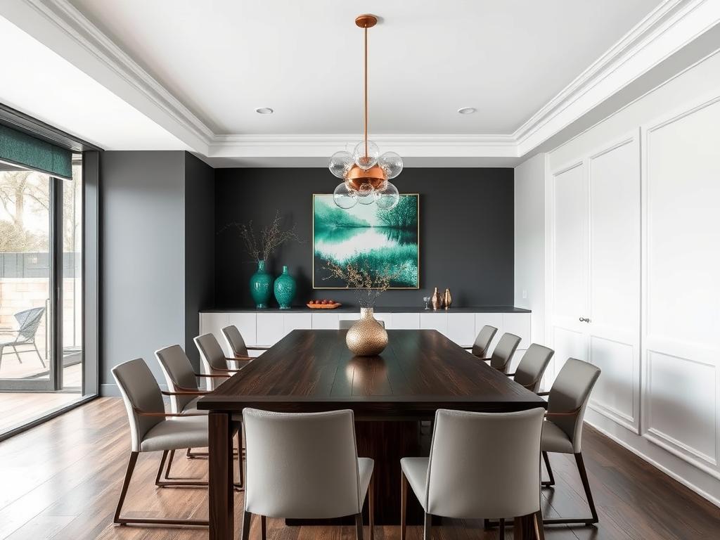 Modern interieur met donkerbruine tafel en smaragdgroene accenten Modern interieur met donkerbruine tafel en smaragdgroene accenten