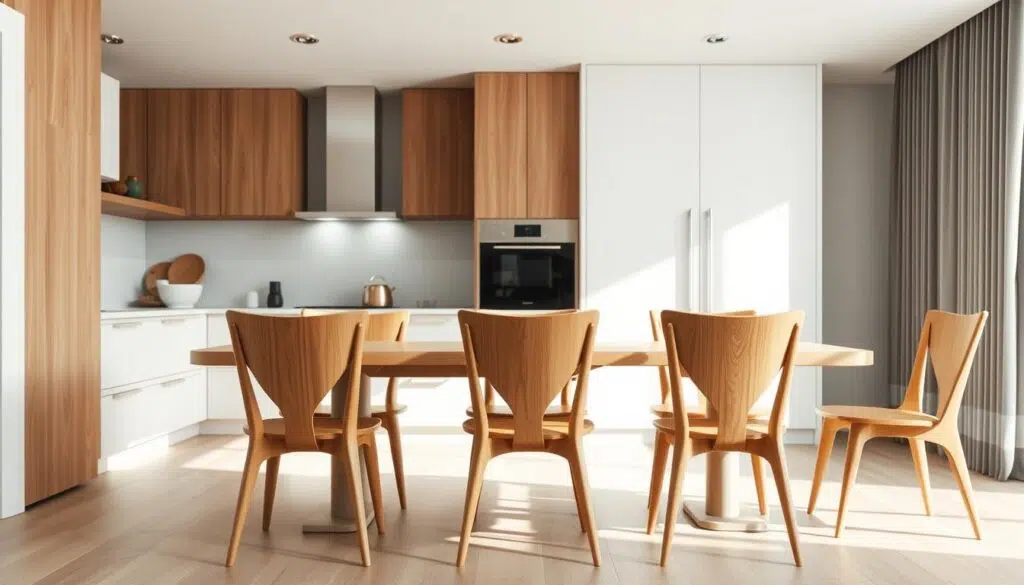 Een set moderne houten keukenstoelen rond een eettafel in een lichte keuken.