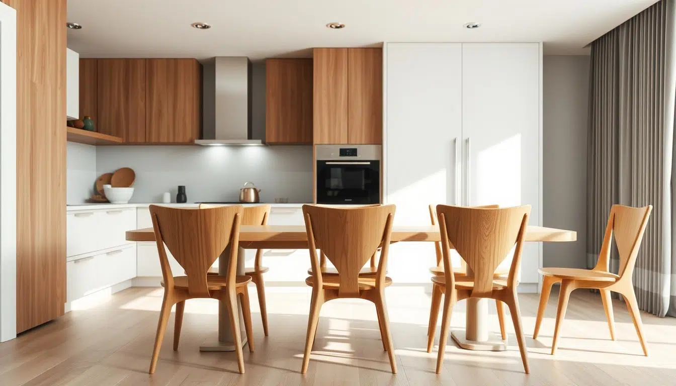 Een set moderne houten keukenstoelen rond een eettafel in een lichte keuken.