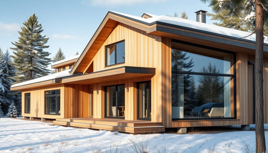 Moderne Scandinavische woning met grote ramen, eenvoudige lijnen en een open indeling Moderne Scandinavische woning met grote ramen, eenvoudige lijnen en een open indeling