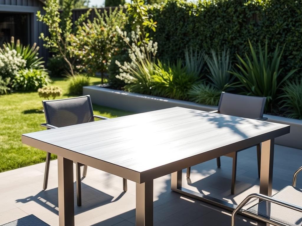Moderne aluminium buitentafel met poedercoating in zonnige setting Moderne aluminium buitentafel met poedercoating in zonnige setting