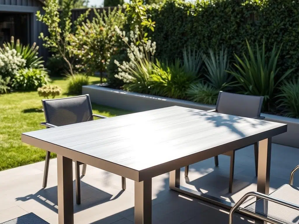 Moderne aluminium buitentafel met poedercoating in zonnige setting Moderne aluminium buitentafel met poedercoating in zonnige setting