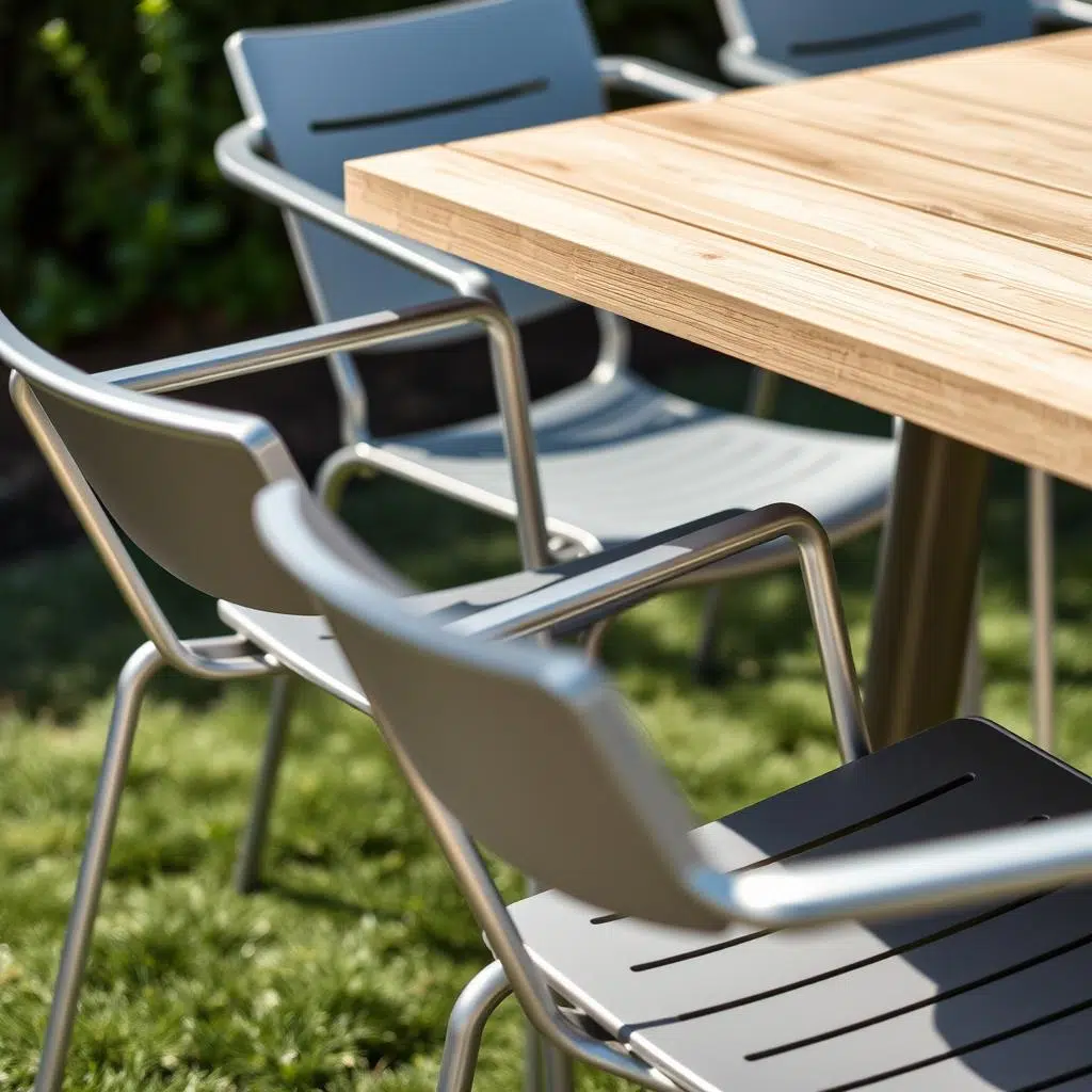 Moderne aluminium tuinstoelen bij lichte houten tafel, tuinstoelen bij houten tafel in moderne stijl Moderne aluminium tuinstoelen bij lichte houten tafel, tuinstoelen bij houten tafel in moderne stijl