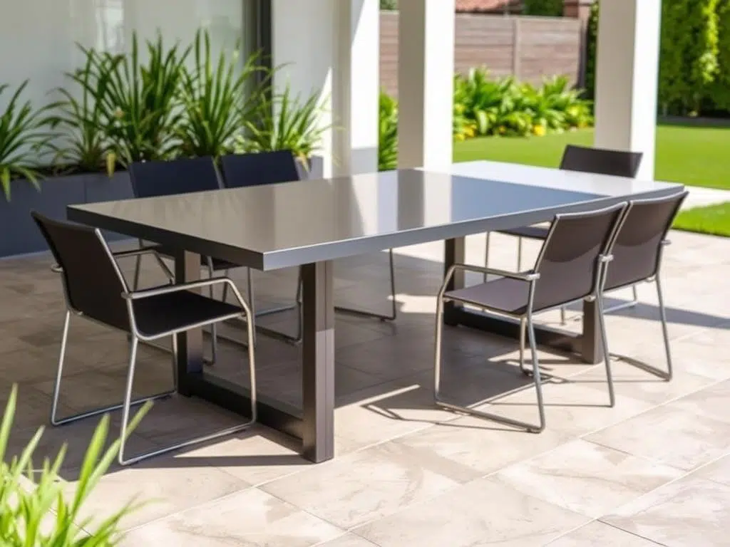 Moderne aluminium tuintafel op terras Moderne aluminium tuintafel op terras