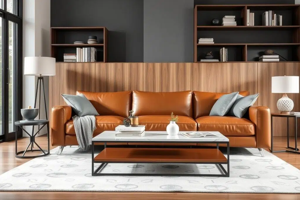 Moderne bank bekleed met imitatieleer in een woonkamer Moderne bank bekleed met imitatieleer in een woonkamer