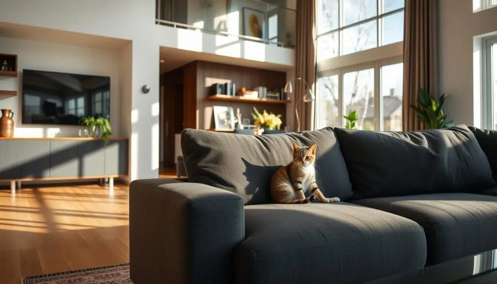 Moderne bank bekleed met microvezel stof in een woonkamer met een kat Moderne bank bekleed met microvezel stof in een woonkamer met een kat