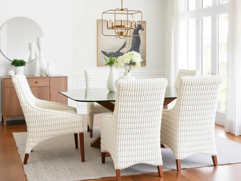 Moderne bouclé eetkamerstoelen met hun kenmerkende textuur in een lichte eetkamer Moderne bouclé eetkamerstoelen met hun kenmerkende textuur in een lichte eetkamer
