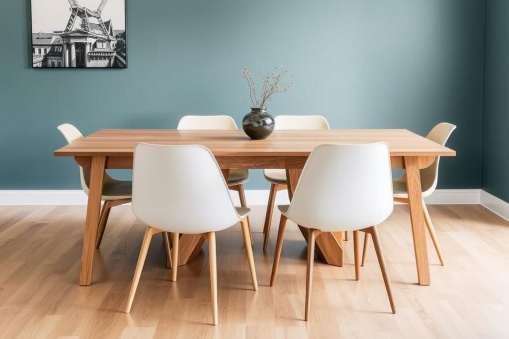 Moderne designstoelen rond een houten eettafel Moderne designstoelen rond een houten eettafel