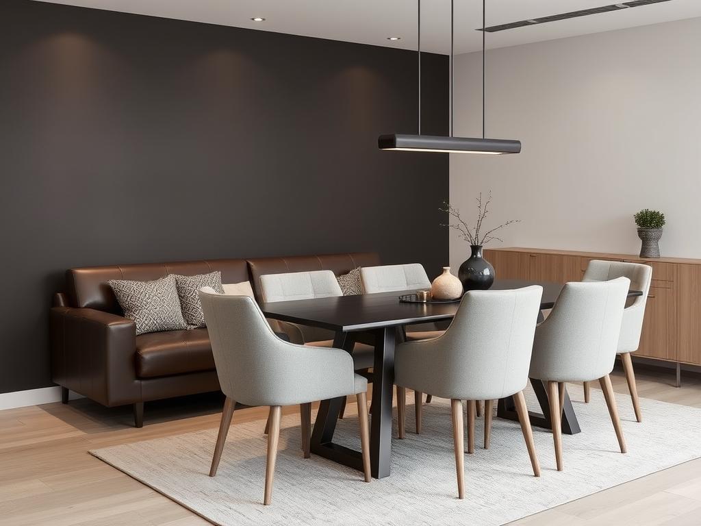 Moderne eetkamer met donkerbruine bank en lichtgrijze eetkamerstoelen Moderne eetkamer met donkerbruine bank en lichtgrijze eetkamerstoelen