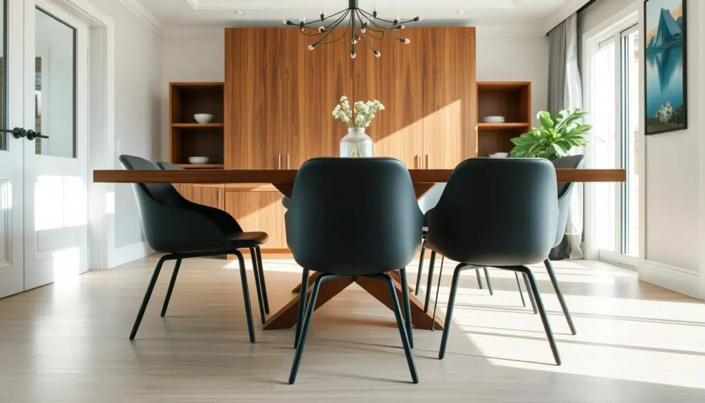 Moderne eetkamer met een eetkamerstoel zonder armleuning die perfect onder een tafel passen