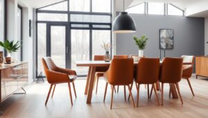 Eetkamer met houten tafel en imitatieleren stoelen in een lichte ruimte met grote ramen.