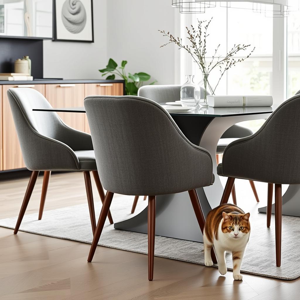 Moderne eetkamer met kattenvriendelijke stoelen en tafel Moderne eetkamer met kattenvriendelijke stoelen en tafel