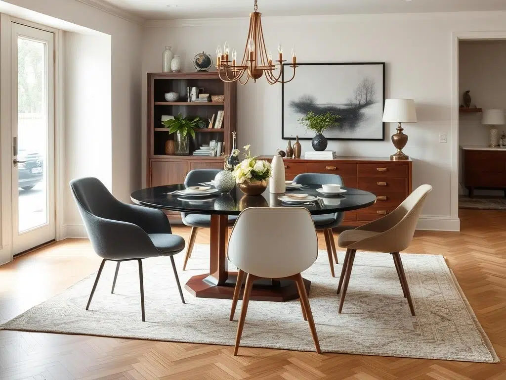 Moderne eetkamer met verschillende eetkamerstoelen waaronder vintage exemplaren Moderne eetkamer met verschillende eetkamerstoelen waaronder vintage exemplaren