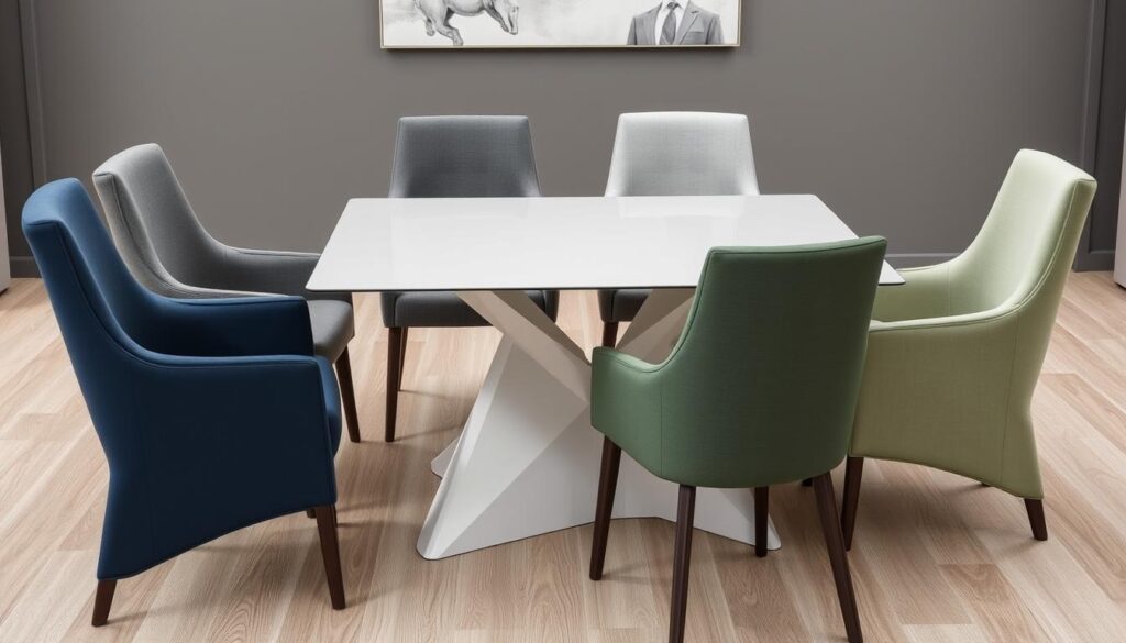 Moderne eetkamerstoelen bekleed met synthetische stoffen in verschillende kleuren Moderne eetkamerstoelen bekleed met synthetische stoffen in verschillende kleuren