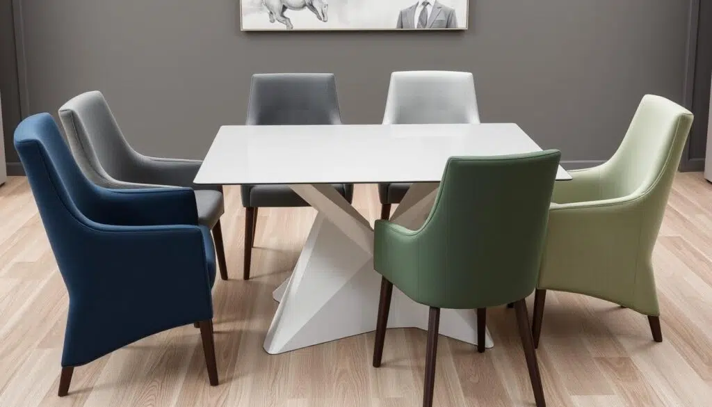 Moderne eetkamerstoelen bekleed met synthetische stoffen in verschillende kleuren Moderne eetkamerstoelen bekleed met synthetische stoffen in verschillende kleuren