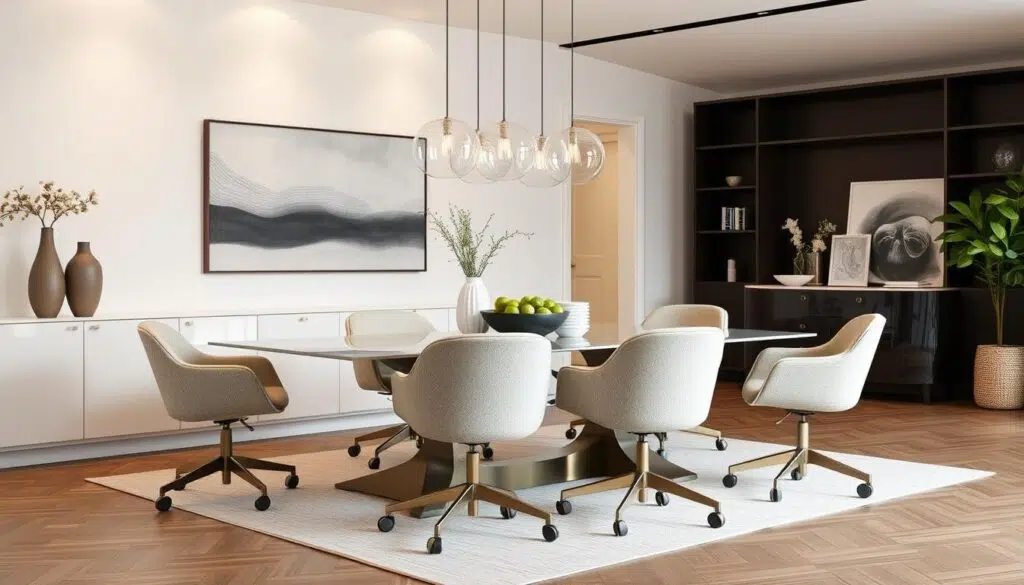 Moderne eetkamerstoelen met wieltjes in een stijlvol interieur Moderne eetkamerstoelen met wieltjes in een stijlvol interieur