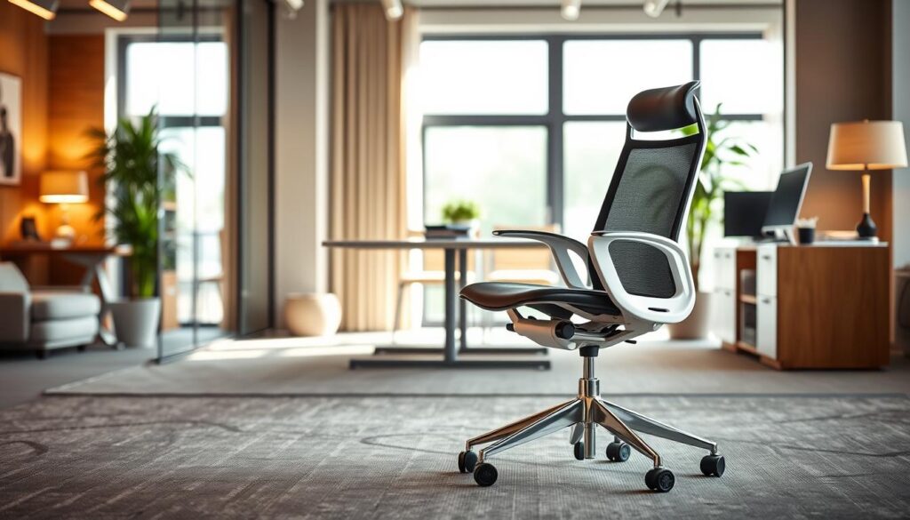Moderne ergonomische bureaustoel met vijf wielen in een stijlvolle werkomgeving Moderne ergonomische bureaustoel met vijf wielen in een stijlvolle werkomgeving