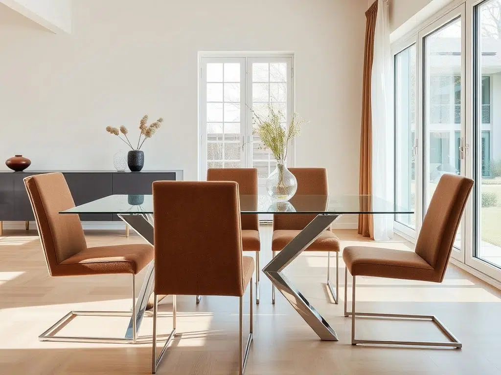Moderne glazen eettafel met bruine stoffen stoelen in een lichte eetkamer Moderne glazen eettafel met bruine stoffen stoelen in een lichte eetkamer
