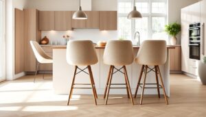 Drie moderne hoge eetkamerstoelen met houten poten in een lichte keukenomgeving.