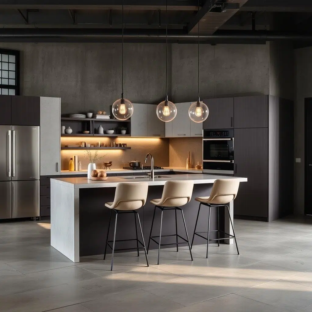 Moderne hoge eetkamerstoelen in industrieel interieur Moderne hoge eetkamerstoelen in industrieel interieur