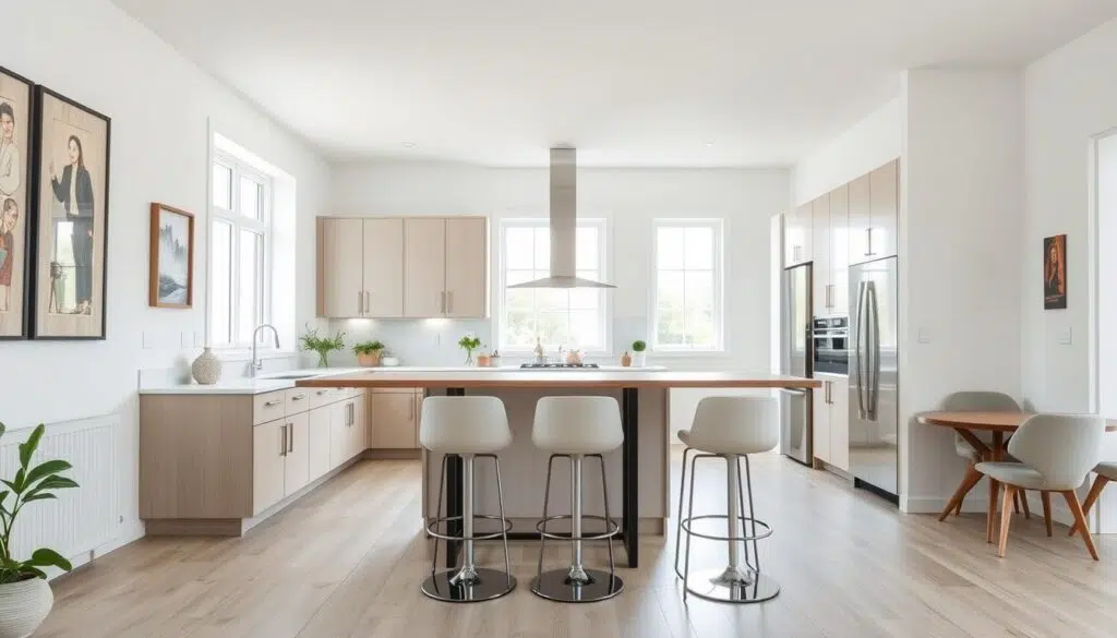 Moderne hoge tafel en stoelen in een lichte woonkeuken met hoge tafel en stoelen