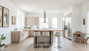 Moderne hoge tafel met barstoelen in een lichte woonkeuken met grote ramen.