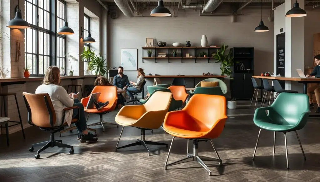 Moderne interpretatie van industriële stoelen met duurzame materialen en ergonomisch design Moderne interpretatie van industriële stoelen met duurzame materialen en ergonomisch design