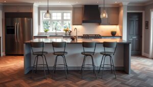 Moderne keuken met een barkruk aan een kookeiland met perfecte tussenruimte