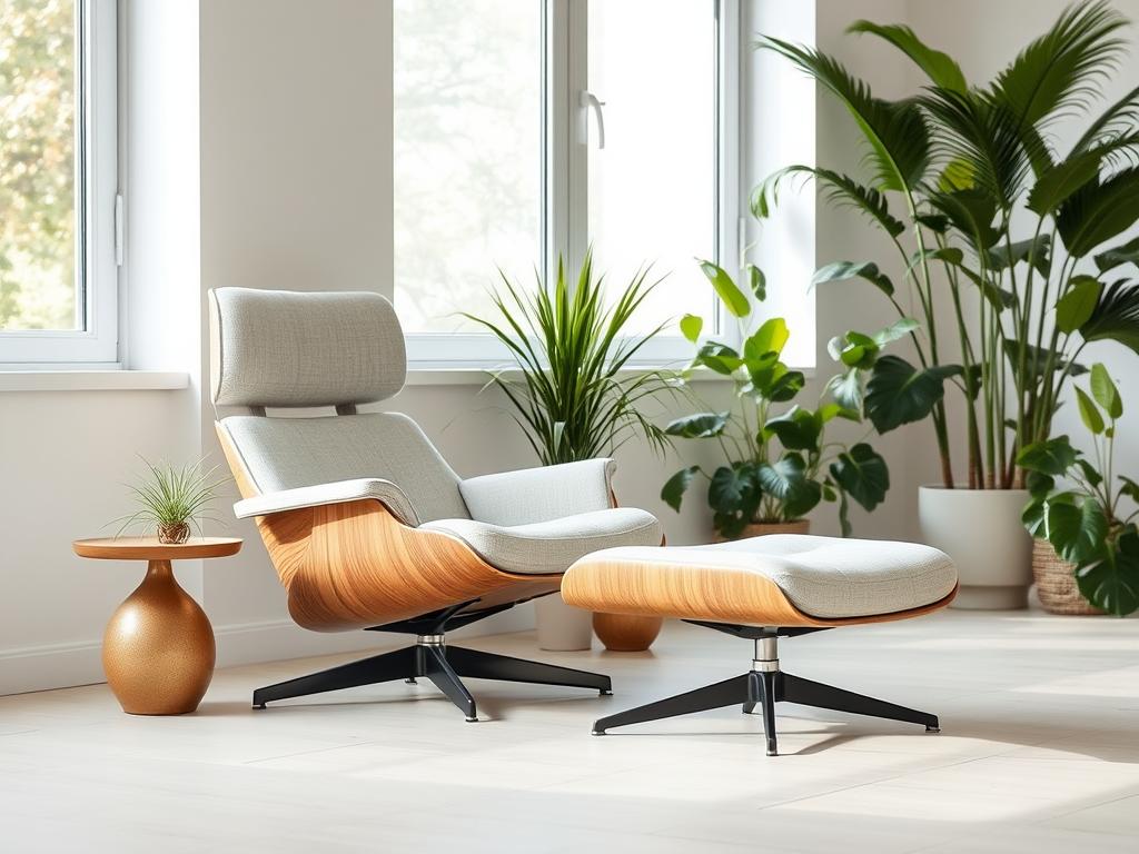 Moderne loungestoel met voetenbank in een minimalistisch interieur