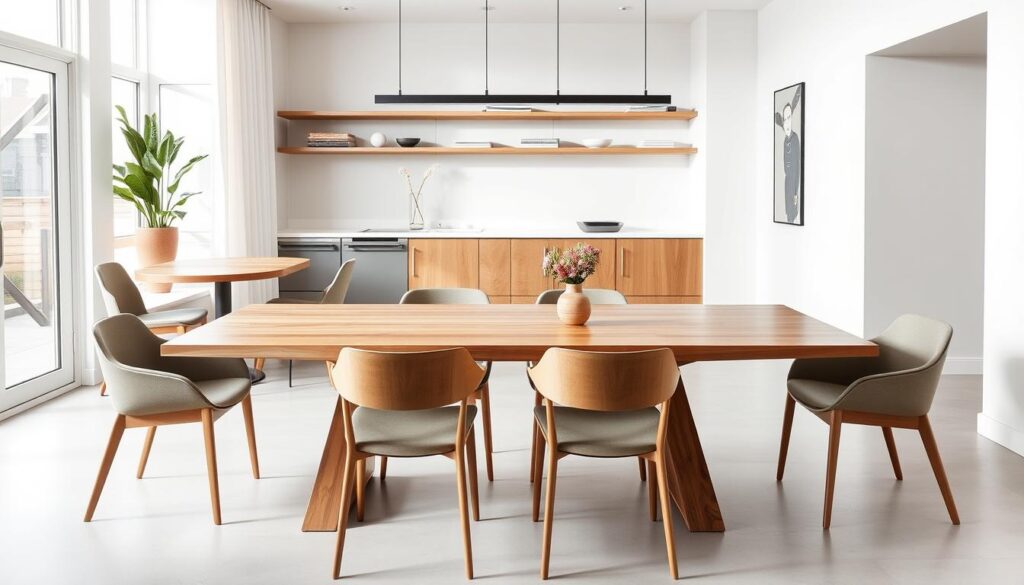 Moderne minimalistische stoelen bij een strakke houten eettafel, stoelen bij houten eettafel Moderne minimalistische stoelen bij een strakke houten eettafel, stoelen bij houten eettafel