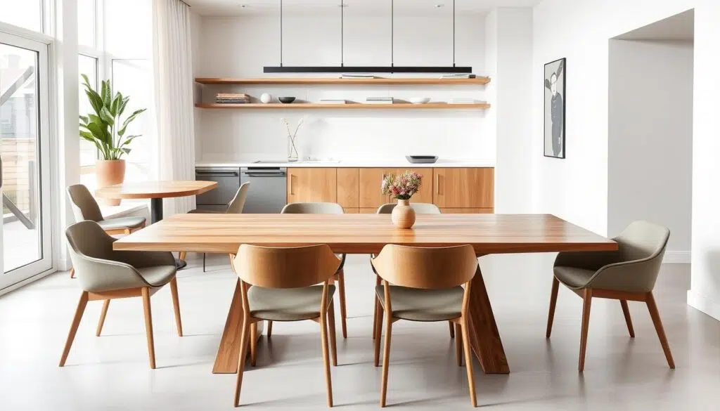 Moderne minimalistische stoelen bij een strakke houten eettafel, stoelen bij houten eettafel Moderne minimalistische stoelen bij een strakke houten eettafel, stoelen bij houten eettafel