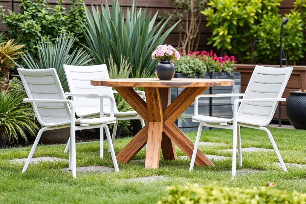 Moderne tuinstoelen bij een rustieke houten tafel in een stijlvolle tuinsetting, tuinstoelen bij houten tafel in moderne stijl Moderne tuinstoelen bij een rustieke houten tafel in een stijlvolle tuinsetting, tuinstoelen bij houten tafel in moderne stijl
