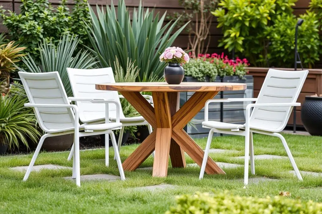Moderne tuinstoelen bij een rustieke houten tafel in een stijlvolle tuinsetting, tuinstoelen bij houten tafel in moderne stijl Moderne tuinstoelen bij een rustieke houten tafel in een stijlvolle tuinsetting, tuinstoelen bij houten tafel in moderne stijl