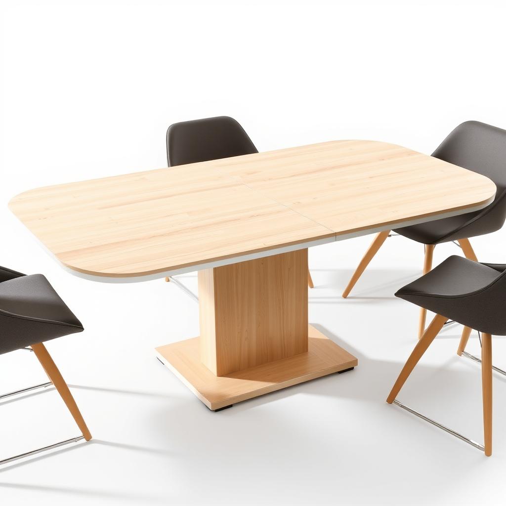 Moderne uitschuifbare eettafel die flexibiliteit biedt voor verschillende aantallen gasten en ruimte tussen eetkamerstoelen Moderne uitschuifbare eettafel die flexibiliteit biedt voor verschillende aantallen gasten en ruimte tussen eetkamerstoelen