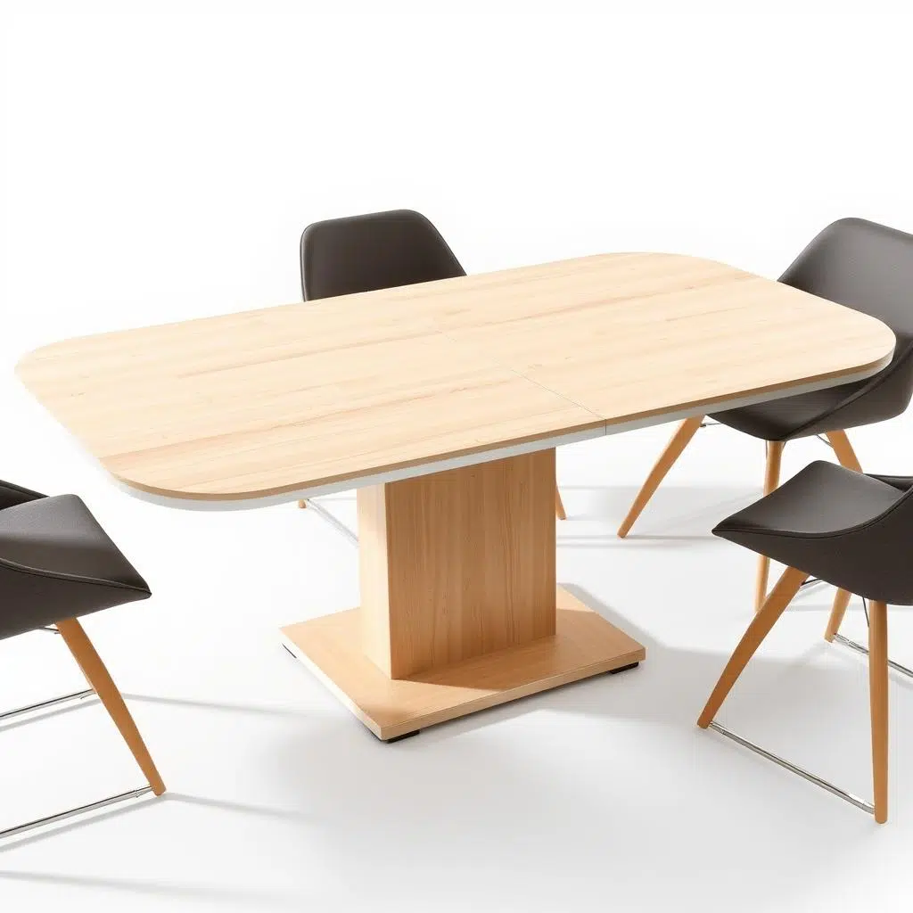 Moderne uitschuifbare eettafel die flexibiliteit biedt voor verschillende aantallen gasten en ruimte tussen eetkamerstoelen Moderne uitschuifbare eettafel die flexibiliteit biedt voor verschillende aantallen gasten en ruimte tussen eetkamerstoelen