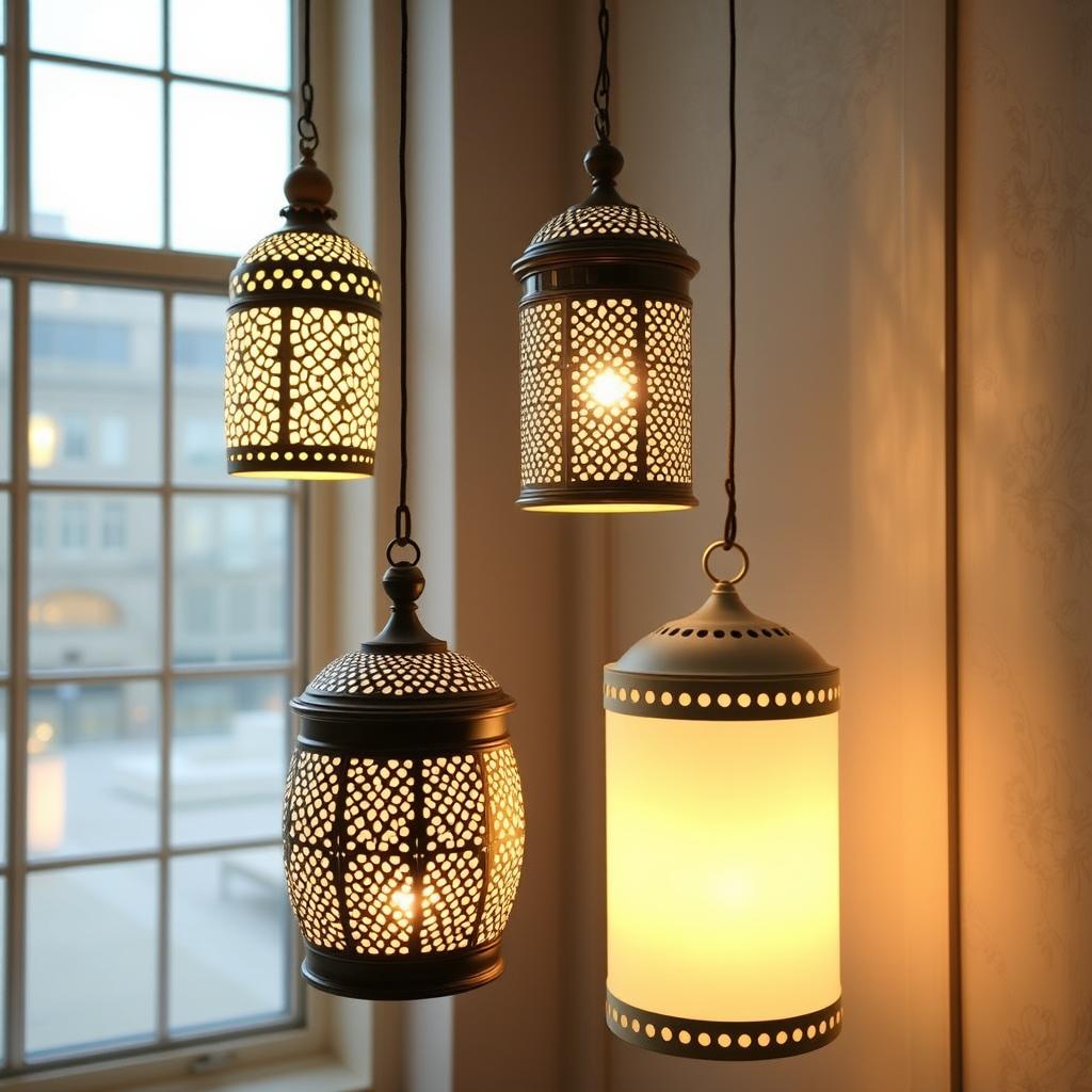 Moderne versies van Marokkaanse lantaarns in een hedendaags interieur Moderne versies van Marokkaanse lantaarns in een hedendaags interieur