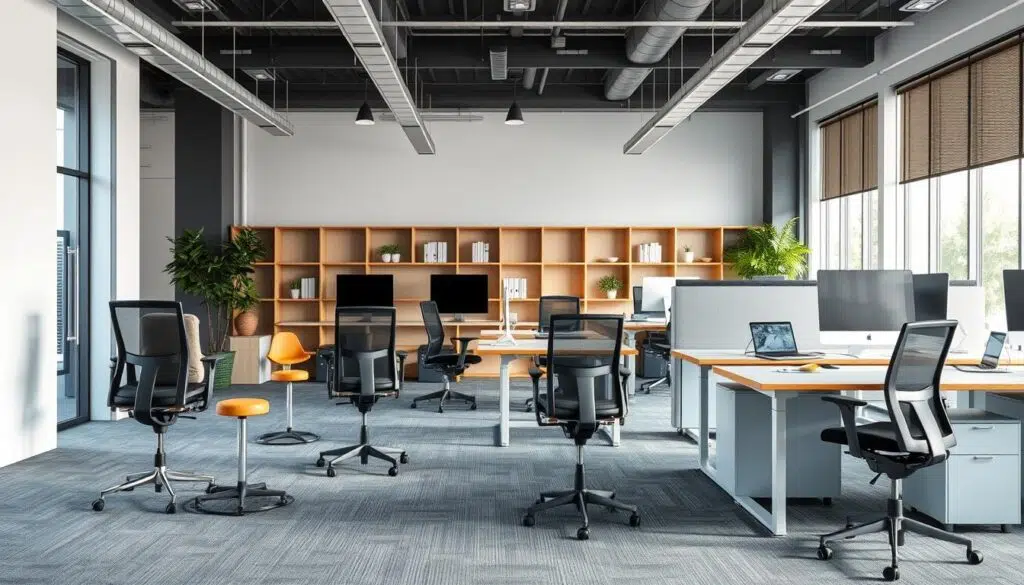 Moderne werkplek met verschillende zitopties, waaronder stoelen zonder rugleuning Moderne werkplek met verschillende zitopties, waaronder stoelen zonder rugleuning