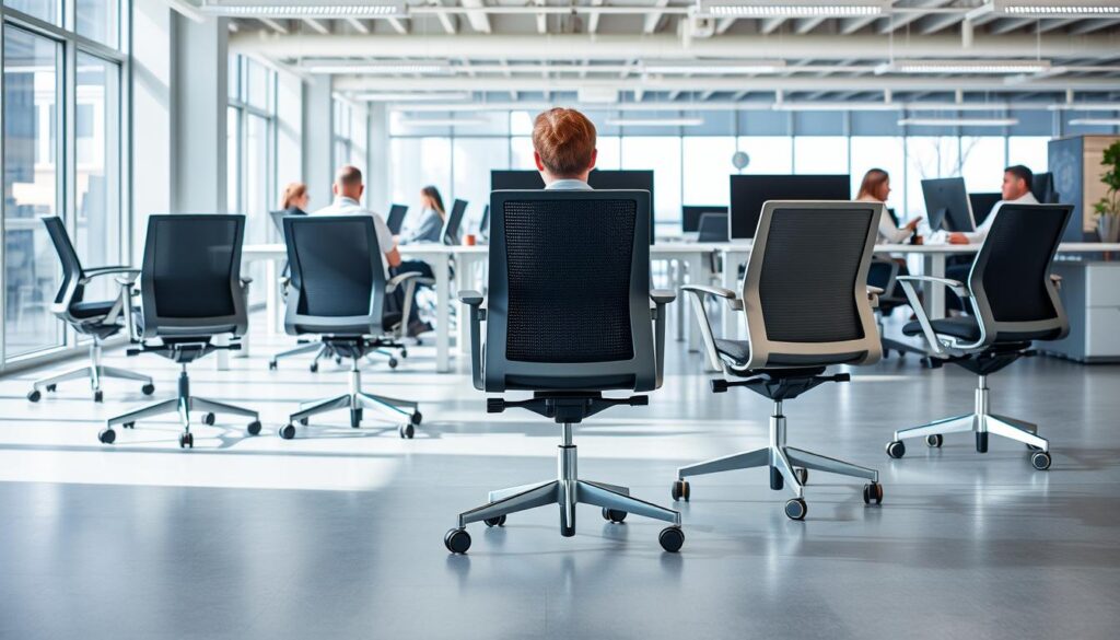Moderne werkruimte met verschillende stoelen met wieltjes die functionaliteit en design tonen Moderne werkruimte met verschillende stoelen met wieltjes die functionaliteit en design tonen